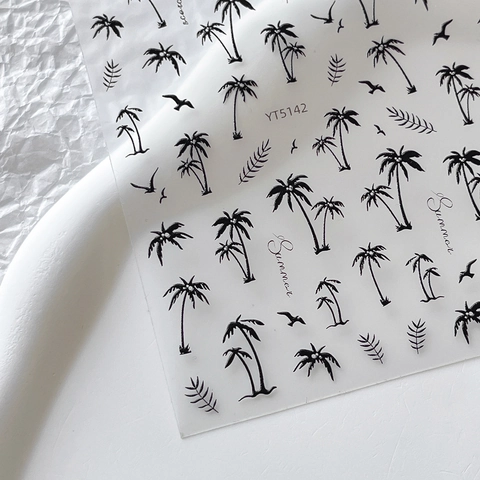 Summer Beach Palm Tree 3D Relief Nail Stickers For Women Tropical Vacation Style Embossed Self Adhesive Nail Art Decals