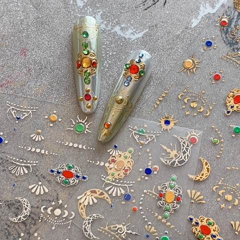 Pegatinas para Uñas en Relieve 3D Celestiales Papel Oro Plata Sol Luna Estrellas Boho Metálicas Calcomanías Con Strass