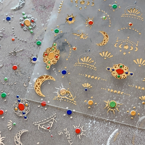 Pegatinas para Uñas en Relieve 3D Celestiales Papel Oro Plata Sol Luna Estrellas Boho Metálicas Calcomanías Con Strass