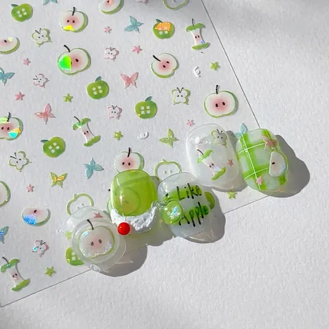 Cartoon Green Apple Laser Holographic Nail Stickers Butterfly Star Design Manicure Decoration DIY Nail Decals For Women