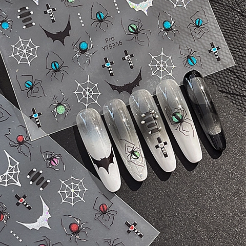 Gothic Halloween Nagelkunst Sticker 3D Relief Laser Glitzer Spinne Spinnennetz Fledermaus Kreuz Herz Dunkel Punk Aufkleber Damen