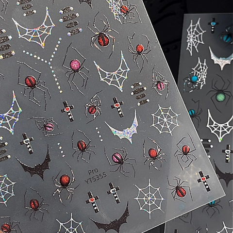Gothic Halloween Nagelkunst Sticker 3D Relief Laser Glitzer Spinne Spinnennetz Fledermaus Kreuz Herz Dunkel Punk Aufkleber Damen