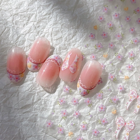 3D Embossed Nail Stickers Sweet Bow Floral Pattern Pink Transparent Manicure Decals DIY Nail Art Decoration YT5388
