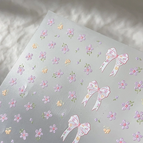 3D Embossed Nail Stickers Sweet Bow Floral Pattern Pink Transparent Manicure Decals DIY Nail Art Decoration YT5388