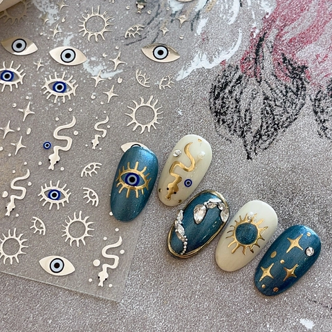 3D Metallic Nail Art Stickers Evil Eye Snake Sun Moon Stars Design Gold Silver Hot Stamping Self Adhesive Decals For Women