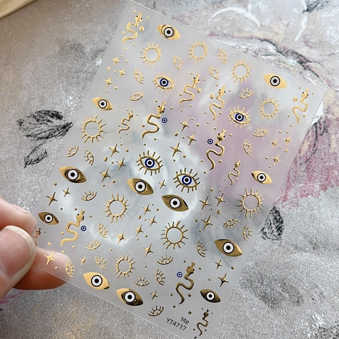 3D Metallic Nail Art Stickers Evil Eye Snake Sun Moon Stars Design Gold Silver Hot Stamping Self Adhesive Decals For Women