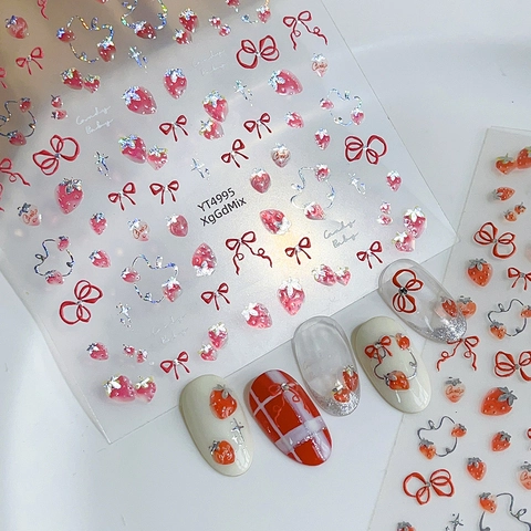 3D Strawberry Bowknot Nail Art Stickers Sweet Glitter Relief Manicure Decals For Women DIY Nail Decoration Cute Design