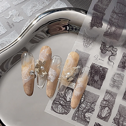 Elegantes Pegatinas de Uñas de Encaje Retro Blanco Negro Floral DIY Autoadhesivas para Mujeres Decoración de Manicura Accesorios