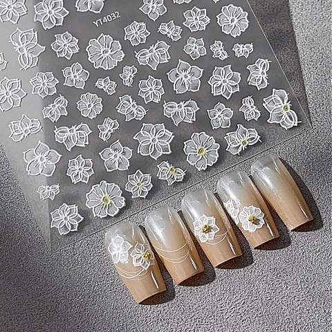 White 3D Embossed Flower Nail Art Stickers Butterfly Design Self Adhesive Decals For DIY Decoration Women Manicure Jewelry