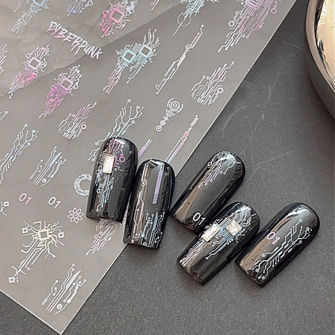 Cyberpunk Circuit Board Nail Art Stickers Laser Holographic Metallic Tech Design Y2K DIY Manicure Decoration For Women