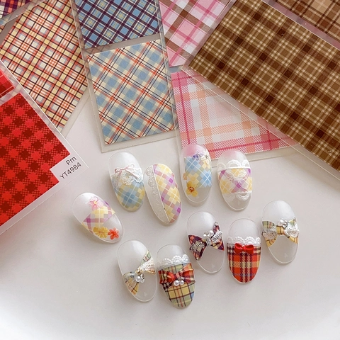 Vintage British Plaid Nail Art Stickers Retro Geometric Grid Design DIY Manicure Adhesive Decals For Women Nail Decoration