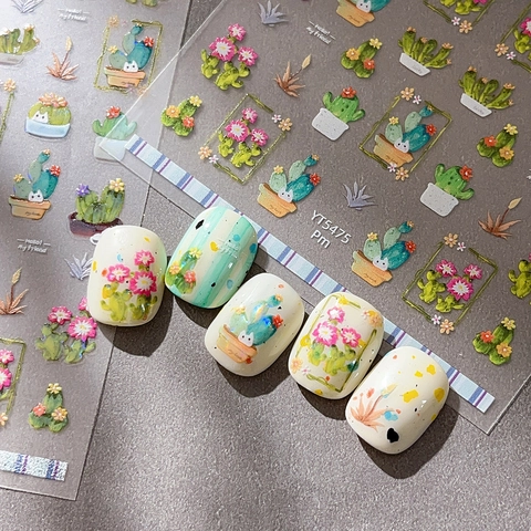 Kaktus Nagel Aufkleber Bunte 5D Relief Laser Nagelkunst Sticker Blumen Sukkulenten Design DIY Maniküre Für Damen