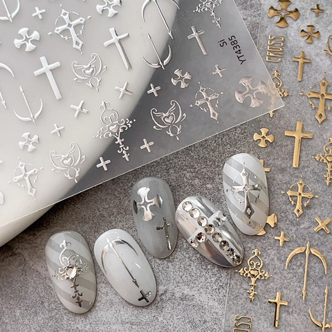 Gothic Kruis Nagelkunst Stickers 3D Metaalachtig Goud Zilver Relief Decals Foliedruk Kruis Hart Patroon DIY Manicure Decoratie