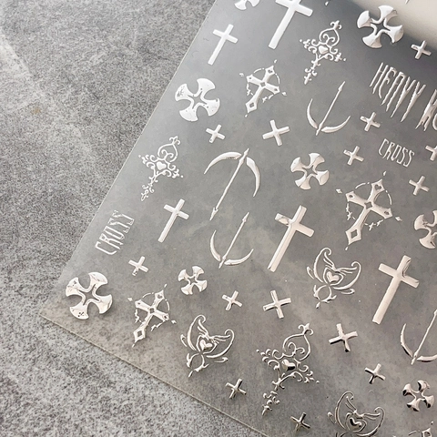 Gothic Kruis Nagelkunst Stickers 3D Metaalachtig Goud Zilver Relief Decals Foliedruk Kruis Hart Patroon DIY Manicure Decoratie