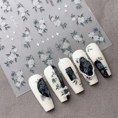 Retro Floral Butterfly Nail Art Stickers Sweet Blue White Flower Star Ultra-Thin Decals Manicure DIY Decoration For Women