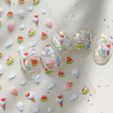 5D Embossed Nail Art Stickers Summer Ice Cream Watermelon 3D Self Adhesive Decals Sweet Cute DIY Manicure Tips Decoration