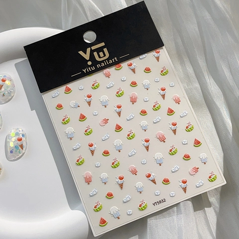 5D Embossed Nail Art Stickers Summer Ice Cream Watermelon 3D Self Adhesive Decals Sweet Cute DIY Manicure Tips Decoration