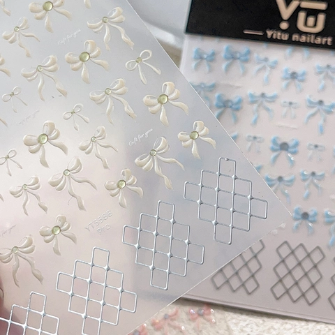 3D Embossed Bowknot Nail Art Stickers Sweet Checkered Grid Silver Line Design Manicure DIY Decoration Nail Decals For Women
