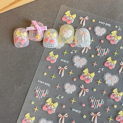 3D Reliëf Nagelstickers Zoet Kers Strik Hart Ster Patroon Zelfklevend Manicure Decoratie Voor Dames Dagelijks Gebruik