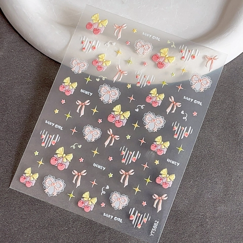 3D Reliëf Nagelstickers Zoet Kers Strik Hart Ster Patroon Zelfklevend Manicure Decoratie Voor Dames Dagelijks Gebruik