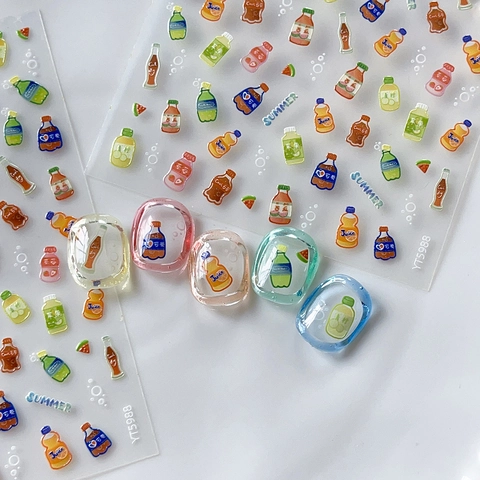 Summer Beverage Bottle 3D Embossed Nail Stickers Cute Cartoon Cola Soda Fruit Juice DIY Nail Art Decoration YT5988
