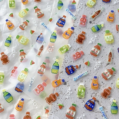 Summer Beverage Bottle 3D Embossed Nail Stickers Cute Cartoon Cola Soda Fruit Juice DIY Nail Art Decoration YT5988