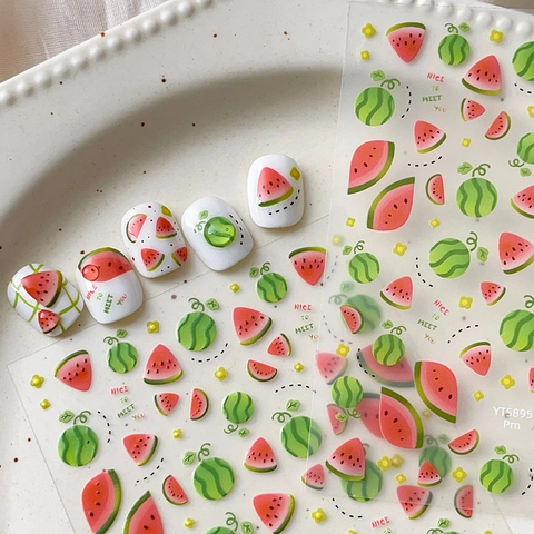 Summer Watermelon Nail Art Stickers Sweet Fresh Fruit Embossed Flat Decorative Nail Decals For Women Manicure Accessories