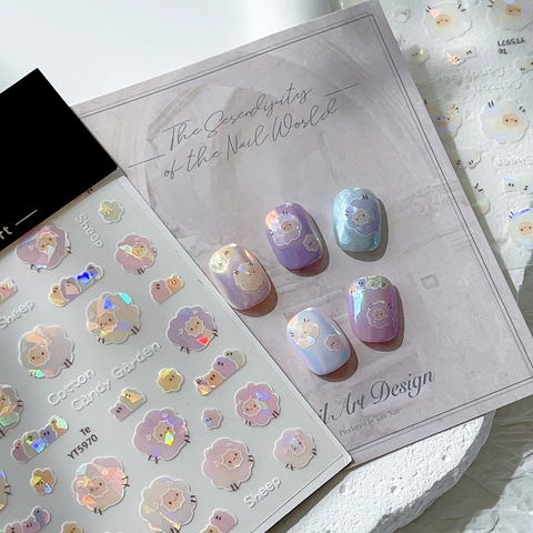 Laser Holographic Cartoon Sheep Nail Art Stickers Cotton Candy Garden Cute Lamb Decals For Women DIY Manicure Decoration