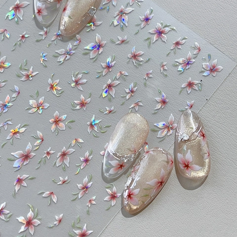 Yitu Holographic Laser Flower Nail Art Stickers Sweet Cherry Blossom Shell Luster Self-Adhesive Nail Decals For Women Decoration