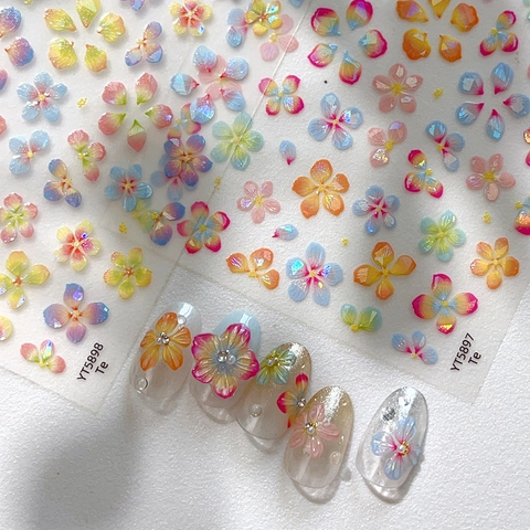 Autocollants Ongles Fleurs Relief 3D Aurora Iridescent Dégradé Floral Auto-Adhésif Décoration Manucure pour Femmes