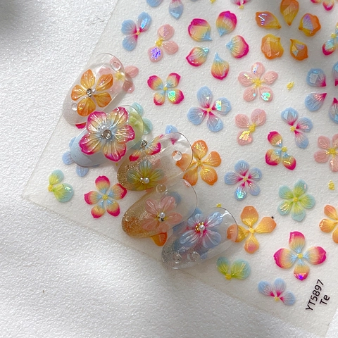 Autocollants Ongles Fleurs Relief 3D Aurora Iridescent Dégradé Floral Auto-Adhésif Décoration Manucure pour Femmes