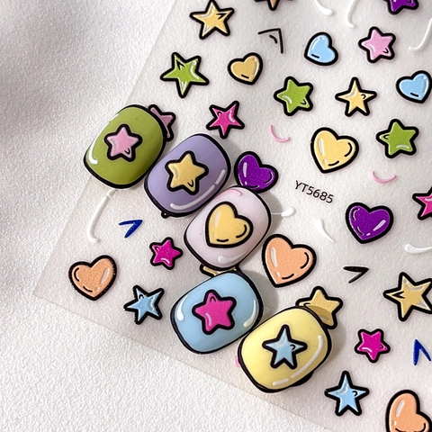 5D Relief Geprägte Nagelkunst Aufkleber Bunte Cartoon Sterne Herzen Design Selbstklebende Nagelsticker Für Damen Dekoration