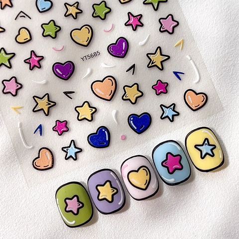 5D Relief Geprägte Nagelkunst Aufkleber Bunte Cartoon Sterne Herzen Design Selbstklebende Nagelsticker Für Damen Dekoration