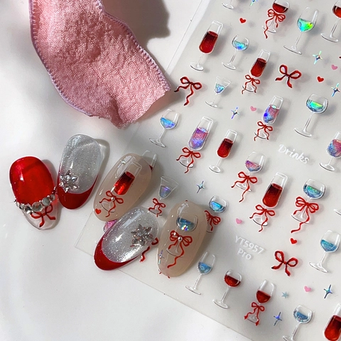 Autocollants Ongles Relief 3D Verre à Vin Nœud Thème Drinks Rouge Argent Cœur Étoile Motif Autocollants Ongles Femmes