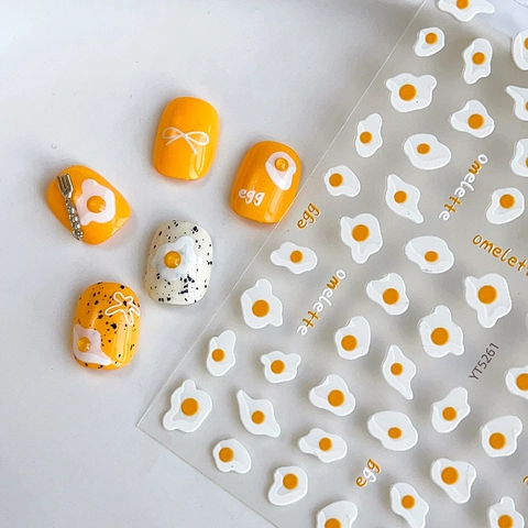 Pegatinas de Uñas en Relieve 5D Huevo Frito Dibujos Animados Patrón Autoadhesivas Calcomanías Kawaii Decoración Manicura YT5261