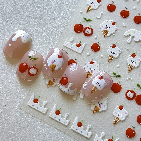 3D Relief Nagelaufkleber Süße Kirsche Welpe Eiscreme Cartoon Muster Sweet DIY Selbstklebende Nail Art Dekorationen Für Damen