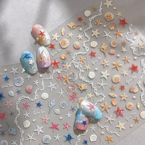 5D Embossed Ocean Summer Theme Nail Stickers Shell Starfish Wave Pattern Summer Time Adhesive Nail Decals DIY Manicure Jewelry