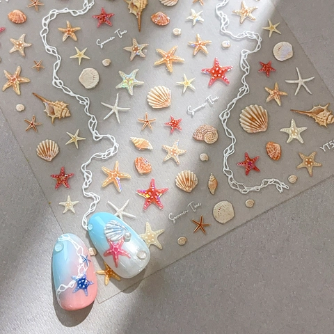 5D Embossed Ocean Summer Theme Nail Stickers Shell Starfish Wave Pattern Summer Time Adhesive Nail Decals DIY Manicure Jewelry