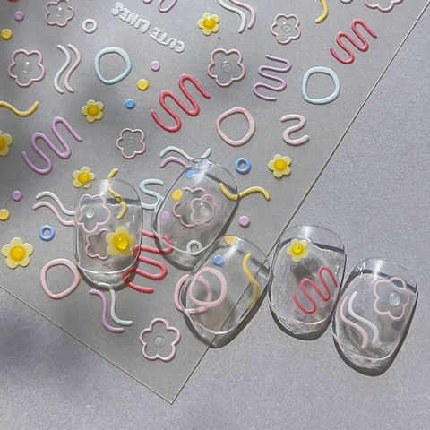 3D-Präge-Nagelaufkleber Süße Bunte Blumen-Wellenlinie Macaron-Ton DIY Selbstklebende Nagel-Decals Für Damen