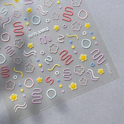 3D-Präge-Nagelaufkleber Süße Bunte Blumen-Wellenlinie Macaron-Ton DIY Selbstklebende Nagel-Decals Für Damen