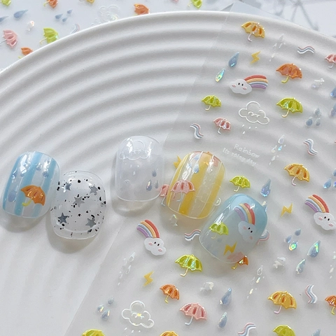 Süße Regenbogen Regentag Thema 3D Relief Nagel Aufkleber Muschelglanz Schirm Wolke DIY Maniküre Dekoration Zubehör YT5954
