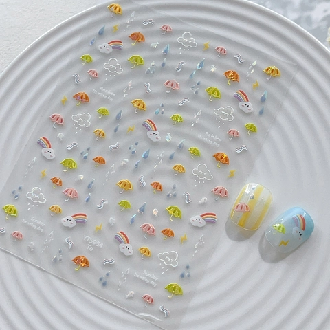 Süße Regenbogen Regentag Thema 3D Relief Nagel Aufkleber Muschelglanz Schirm Wolke DIY Maniküre Dekoration Zubehör YT5954