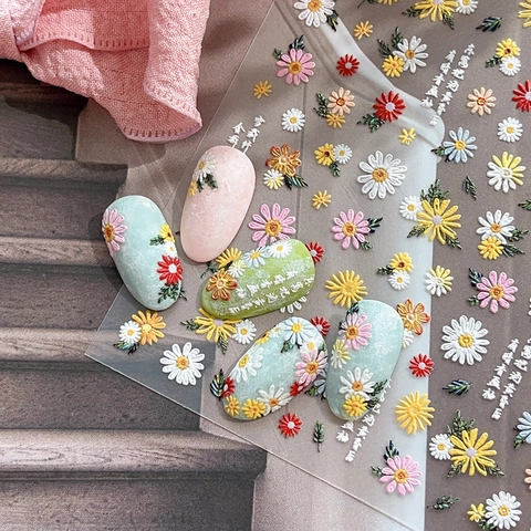 5D Reliëf Madeliefje Nagelkunst Stickers Kleurrijke 3D Reliëf Bloem Nagel Decals Zoete Florale DIY Decoratie Voor Dames Manicure Accessoires