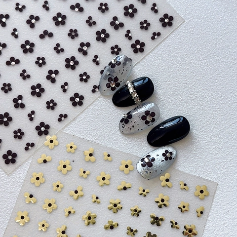 Exquisitas Pegatinas para Uñas Minimalista Flor de Cinco Pétalos Diseño Oro Negro Autoadhesivo Rhinestone Decoración de Manicura para Uñas de Mujer