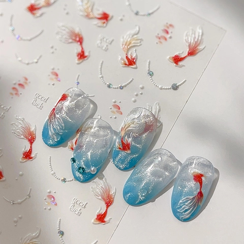 5D Relief Koi Nagel Aufkleber Muschelglanz Goldfisch Muster Glück Künstliche Perle Nagel Kunst Decals Für Frauen Maniküre Dekoration