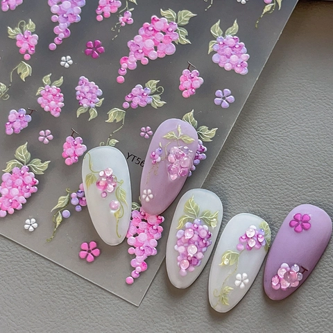 5D Embossed Grape Flower Nail Art Stickers Sweet Purple Green Vine Floral Self Adhesive Nail Decals Manicure Decoration For Women