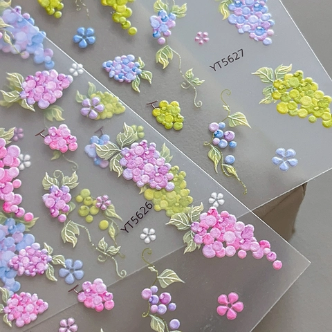 5D Embossed Grape Flower Nail Art Stickers Sweet Purple Green Vine Floral Self Adhesive Nail Decals Manicure Decoration For Women