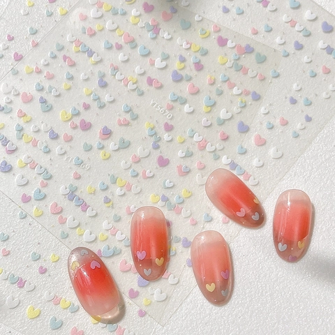 Sweet Macaron Colors 3D Embossed Heart Nail Art Stickers PET Material Transparent Base Romantic Girly Nail Decals Decoration