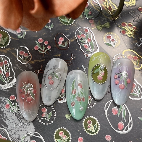 3D Relief Tulip Nail Art Stickers French Vintage Flower Butterfly Bow Self Adhesive Nail Decals For Women Manicure Decoration