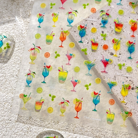3D Relief Nail Art Stickers Summer Drink Cocktail Fruit Lemon Pattern Self Adhesive Nail Decals For Women DIY Decoration